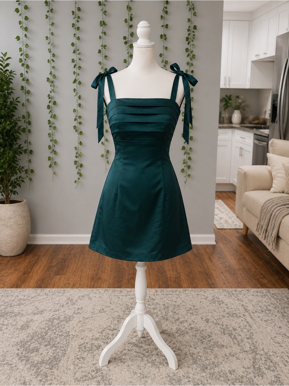 Tie-Shoulder Satin Mini Dress in Deep Teal